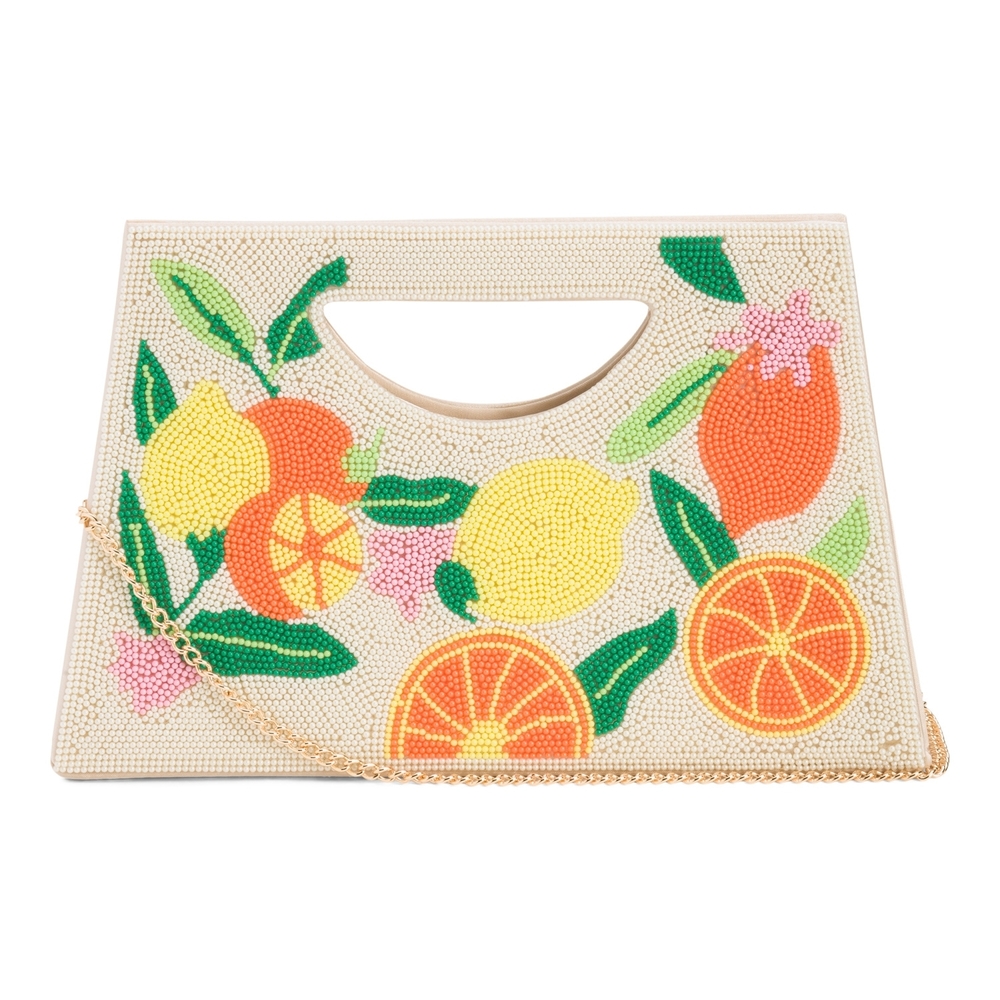 Beaded Citrus-Print Clutch in Cream and Orange